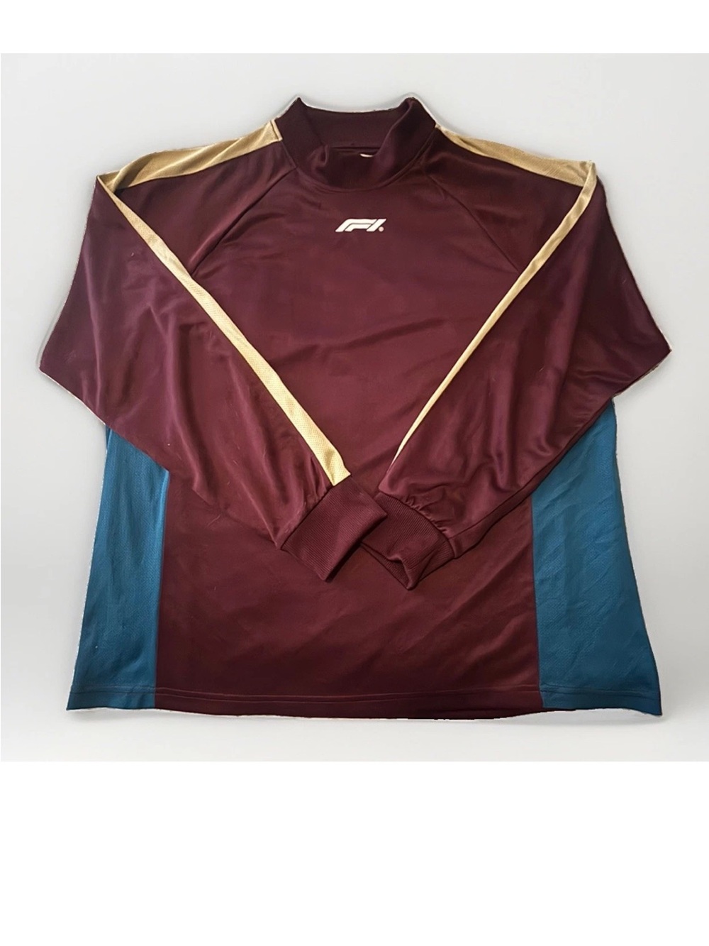 PacSun Authentic F1 Maroon Long Sleeve Jersey with Gold Stripes and Teal Panels